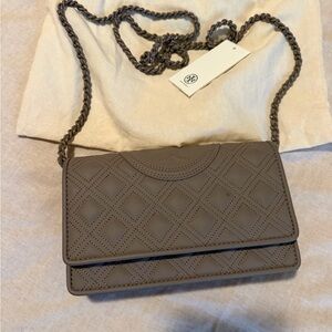 Tory Burch Fleming Matte Wallet on Chain Crossbody Clutch Gray